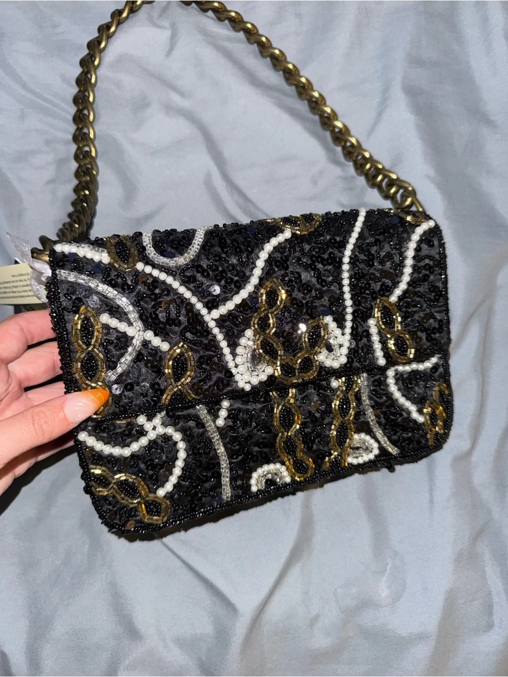 Black Sequin & Pearl-Embellished Shoulder Bag with Gold Chain